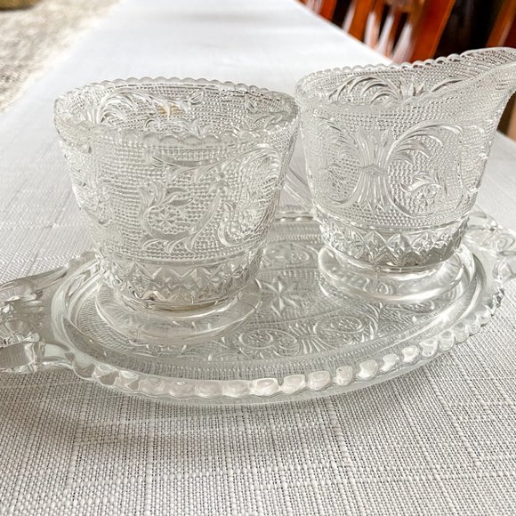 Vintage Duncan Miller Sandwich Glass Creamer & Sugar Bowl with Tray EUC - Picture 2 of 2